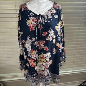 Gypsy Love Floral Tunic Women XXL Navy Blue Bell Sleeve Boho Peasant Top